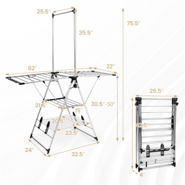 Rebrilliant 2 layer Aluminum Foldable Drying Rack W Hanging Bar 2 Height adjustable Wings